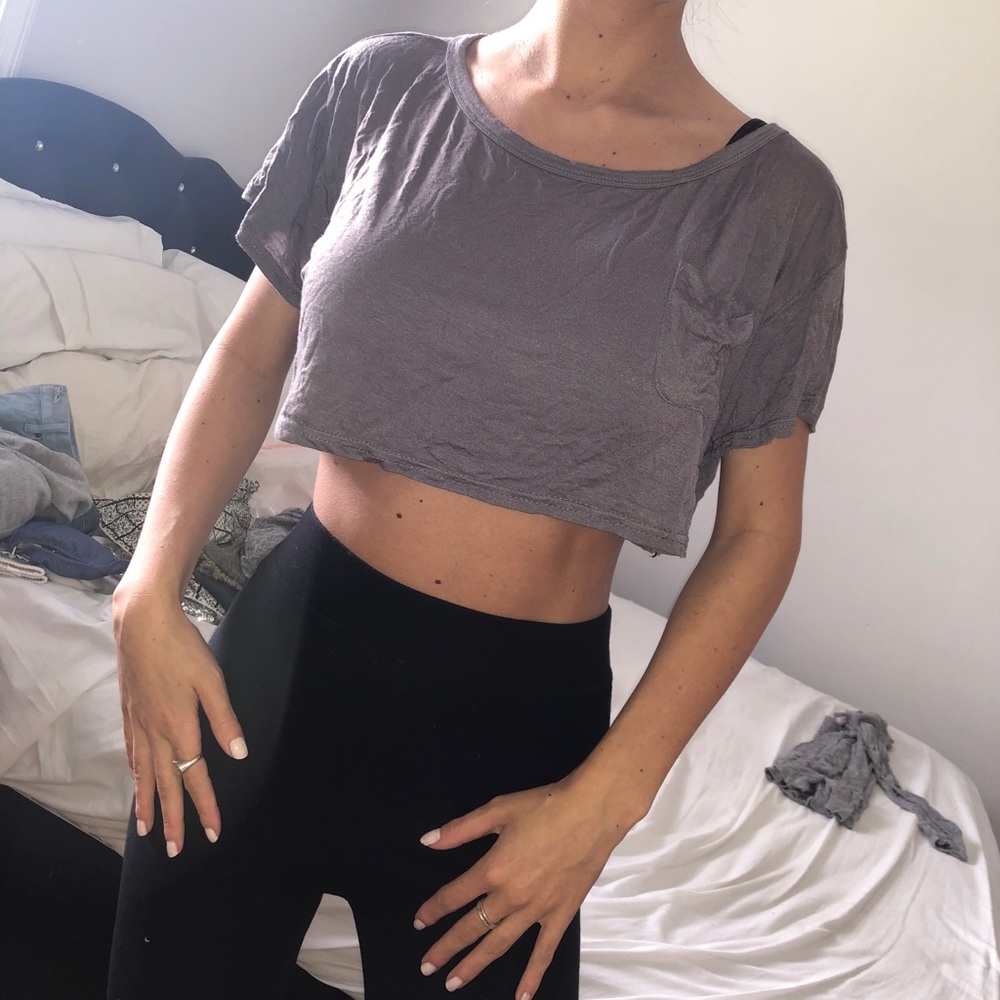 Charcoal gray soft tshirt style crop top w/ pocket